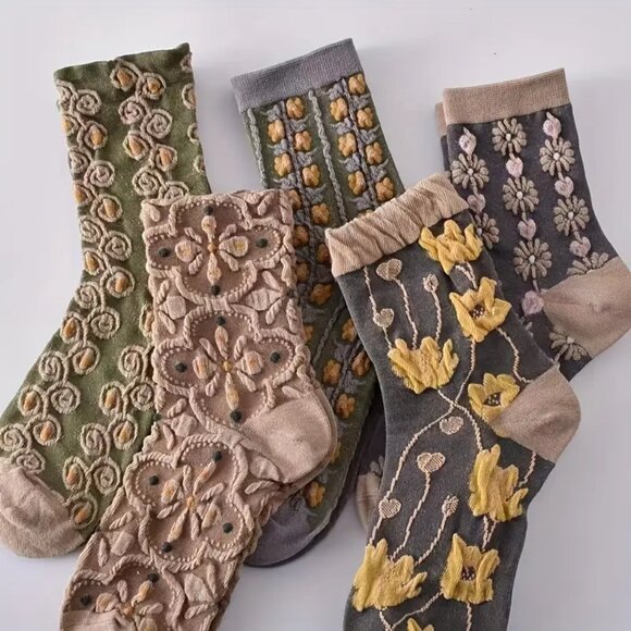 5-Pair Floral & Lace Socks | Neutral Tones | Ribbed Cuffs | Boutique Item - Picture 2 of 4